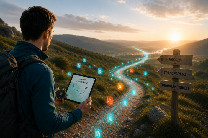 Digitale Souveränität: Ein Wanderer auf einem digitalen Weg in Richtung Wissen, Transparenz und Unabhängigkeit.