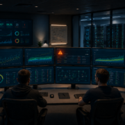 Ein Leitstand eines Rechenzentrums mit zahlreichen Displays und Monitoring-Charts.