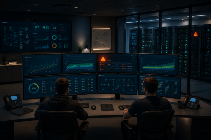 Ein Leitstand eines Rechenzentrums mit zahlreichen Displays und Monitoring-Charts.